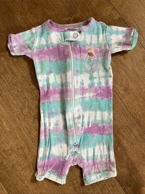 Tie-Dye Short Sleeve One-Piece Bodysuit - Purple, Teal & White